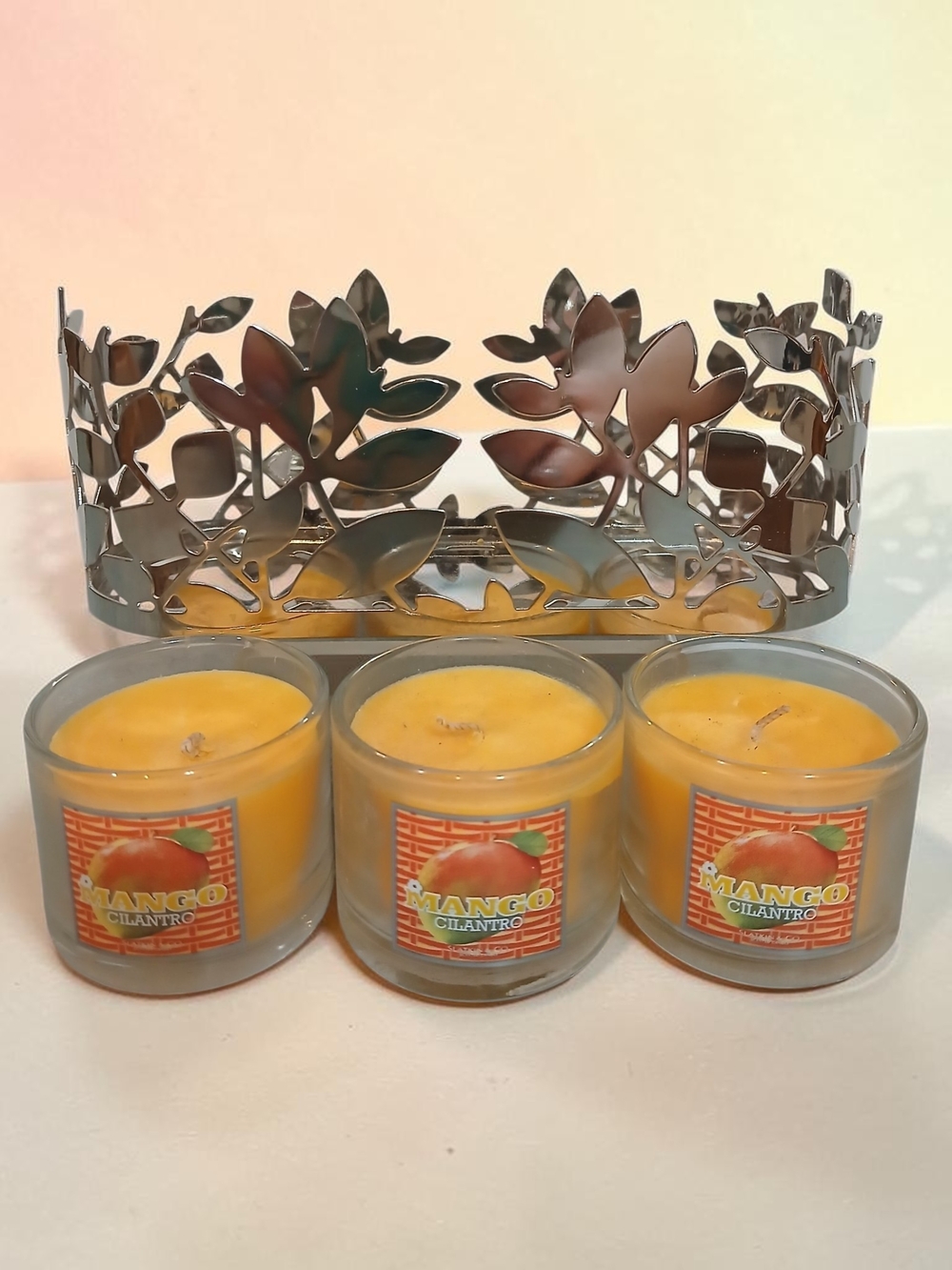 Bath & Body Works Mango Cilantro Votive Candle Set with Silver Leaf Holder
